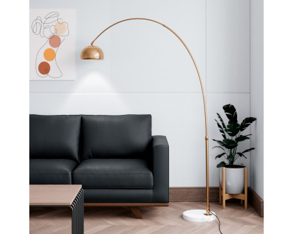 LeisureMod Arco Modern Arched Floor Lamp with White Round Marble Base - Gold