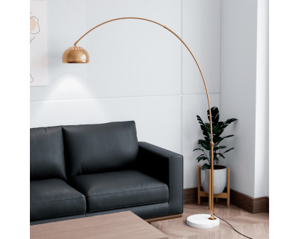 LeisureMod Arco Modern Arched Floor Lamp with White Round Marble Base - Gold