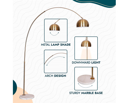 LeisureMod Arco Modern Arched Floor Lamp with White Round Marble Base - Gold