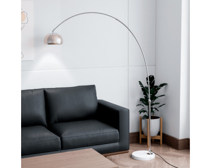 LeisureMod Arco Modern Arched Floor Lamp with White Round Marble Base - Silver