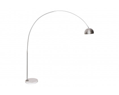 LeisureMod Arco Modern Arched Floor Lamp with White Round Marble Base - Silver