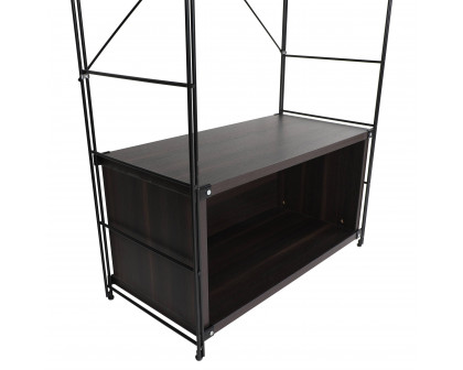 LeisureMod Brentwood Etagere Bookcase With Black Powder Coated Steel Frame And Melamine Board Shelves - Dark Walnut