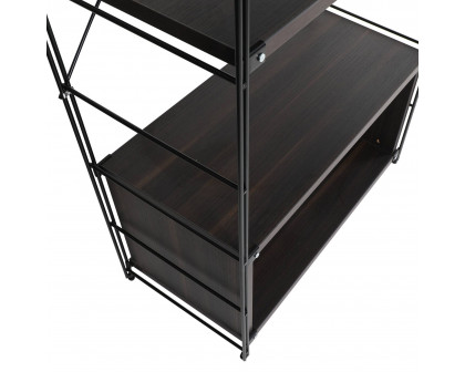 LeisureMod Brentwood Etagere Bookcase With Black Powder Coated Steel Frame And Melamine Board Shelves - Dark Walnut