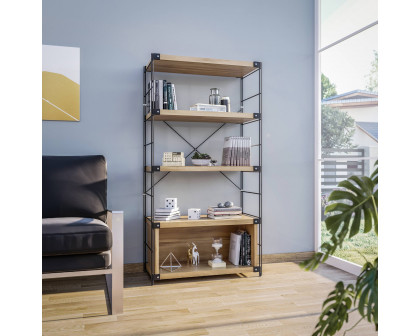 LeisureMod Brentwood Etagere Bookcase With Black Powder Coated Steel Frame And Melamine Board Shelves - Natural Wood