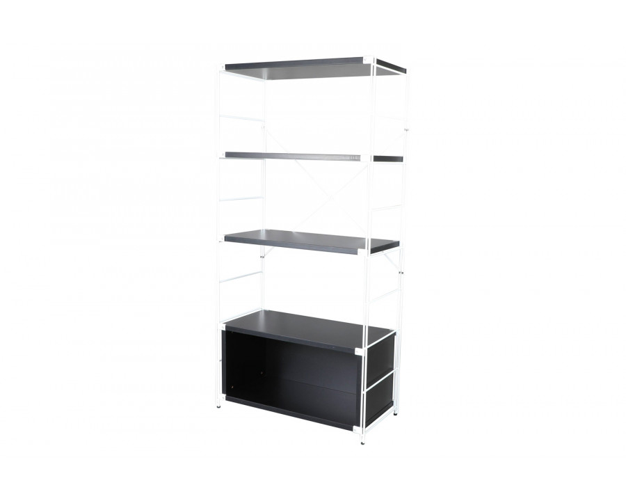 LeisureMod Brentwood Etagere Bookcase With White Powder Coated Steel Frame And Melamine Board Shelves - Black