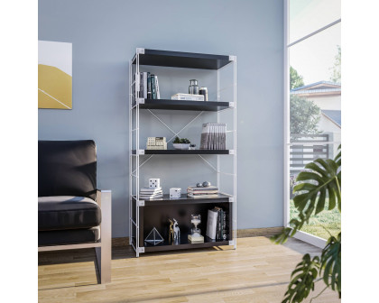 LeisureMod Brentwood Etagere Bookcase With White Powder Coated Steel Frame And Melamine Board Shelves - Black