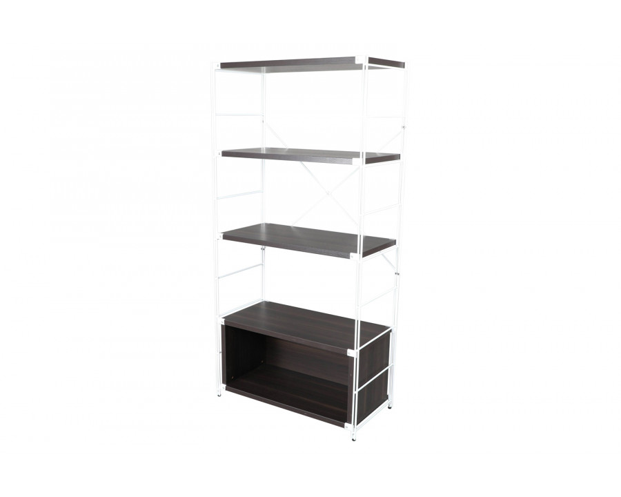 LeisureMod Brentwood Etagere Bookcase With White Powder Coated Steel Frame And Melamine Board Shelves - Dark Walnut