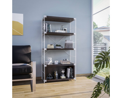 LeisureMod Brentwood Etagere Bookcase With White Powder Coated Steel Frame And Melamine Board Shelves - Dark Walnut