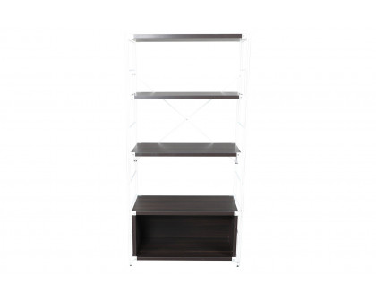 LeisureMod Brentwood Etagere Bookcase With White Powder Coated Steel Frame And Melamine Board Shelves - Dark Walnut