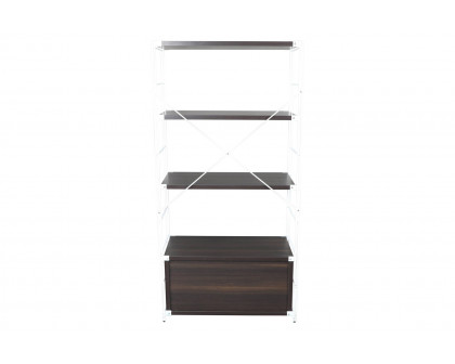 LeisureMod Brentwood Etagere Bookcase With White Powder Coated Steel Frame And Melamine Board Shelves - Dark Walnut