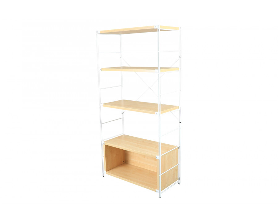 LeisureMod Brentwood Etagere Bookcase With White Powder Coated Steel Frame And Melamine Board Shelves - Natural Wood