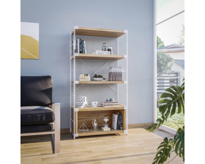 LeisureMod Brentwood Etagere Bookcase With White Powder Coated Steel Frame And Melamine Board Shelves - Natural Wood