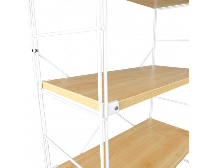 LeisureMod Brentwood Etagere Bookcase With White Powder Coated Steel Frame And Melamine Board Shelves - Natural Wood