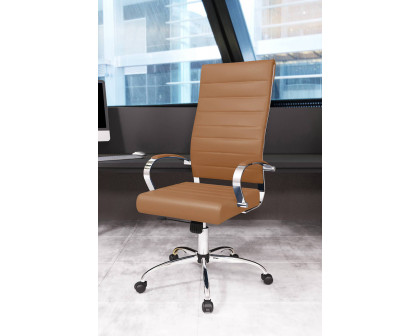 LeisureMod Benmar High-Back Home Leather Office Chair with Chrome Frame - Brown