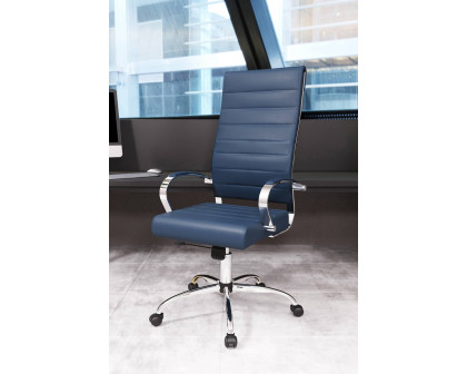 LeisureMod Benmar High-Back Home Leather Office Chair with Chrome Frame - Blue