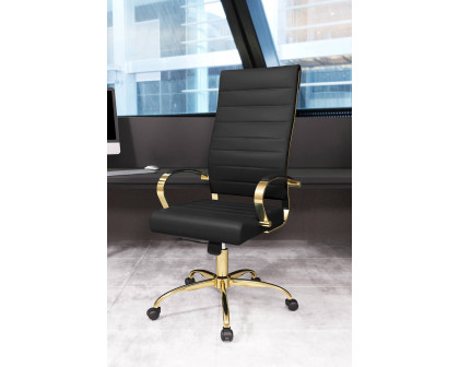 LeisureMod Benmar High-Back Leather Office Chair with Gold Frame - Black