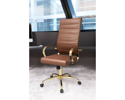 LeisureMod Benmar High-Back Leather Office Chair with Gold Frame - Brown