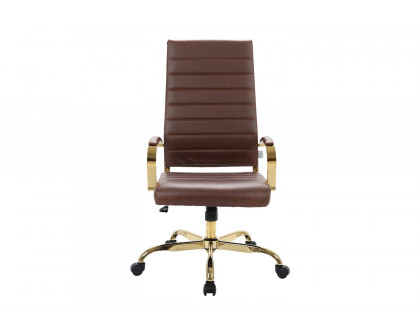 LeisureMod Benmar High-Back Leather Office Chair with Gold Frame - Brown