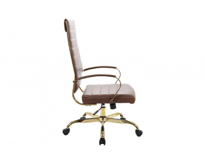 LeisureMod Benmar High-Back Leather Office Chair with Gold Frame - Brown