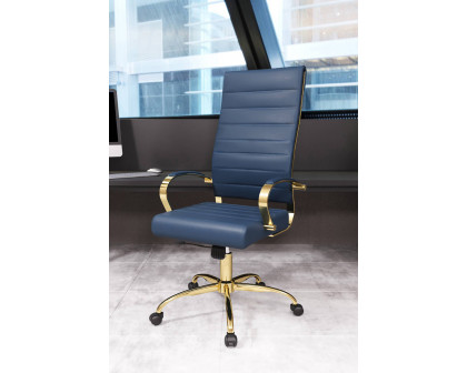 LeisureMod Benmar High-Back Leather Office Chair with Gold Frame - Navy Blue