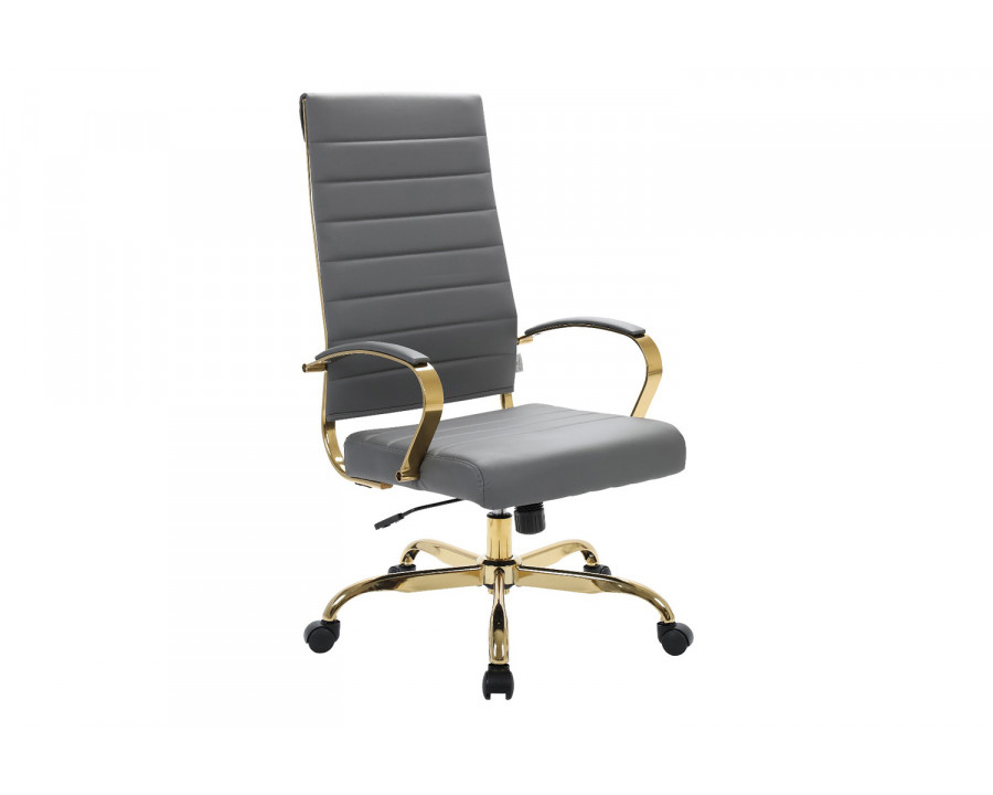 LeisureMod Benmar High-Back Leather Office Chair with Gold Frame - Gray