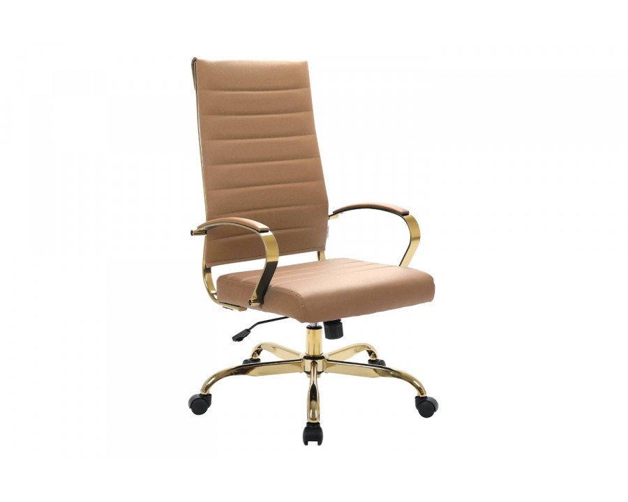 LeisureMod Benmar High-Back Leather Office Chair with Gold Frame - Light Brown