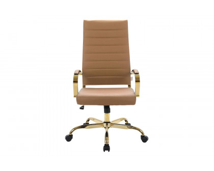 LeisureMod Benmar High-Back Leather Office Chair with Gold Frame - Light Brown