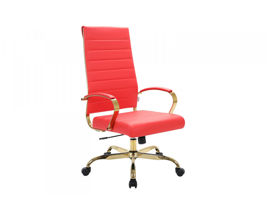 LeisureMod Benmar High-Back Leather Office Chair with Gold Frame - Red