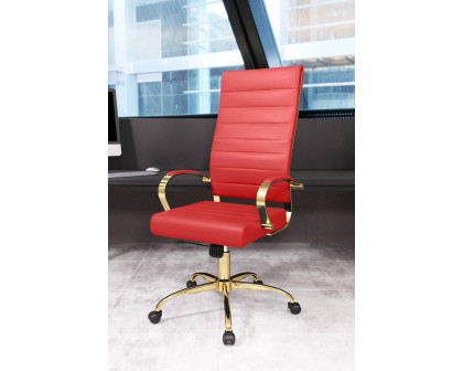 LeisureMod Benmar High-Back Leather Office Chair with Gold Frame - Red