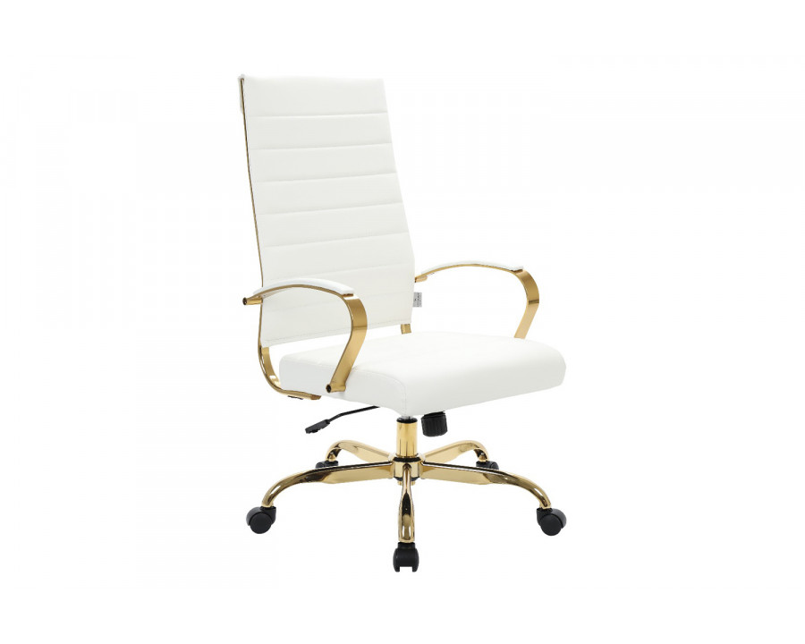 LeisureMod Benmar High-Back Leather Office Chair with Gold Frame - White