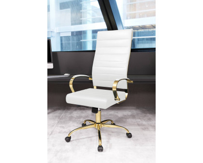 LeisureMod Benmar High-Back Leather Office Chair with Gold Frame - White