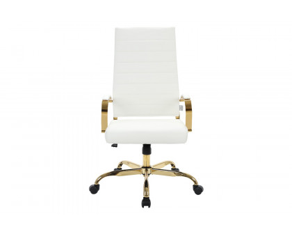 LeisureMod Benmar High-Back Leather Office Chair with Gold Frame - White