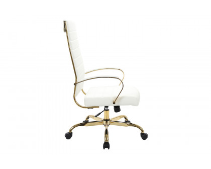 LeisureMod Benmar High-Back Leather Office Chair with Gold Frame - White