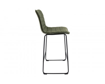 LeisureMod Brooklyn 29.9" Modern Leather Bar Stool with Black Iron Base and Footrest - Olive Green