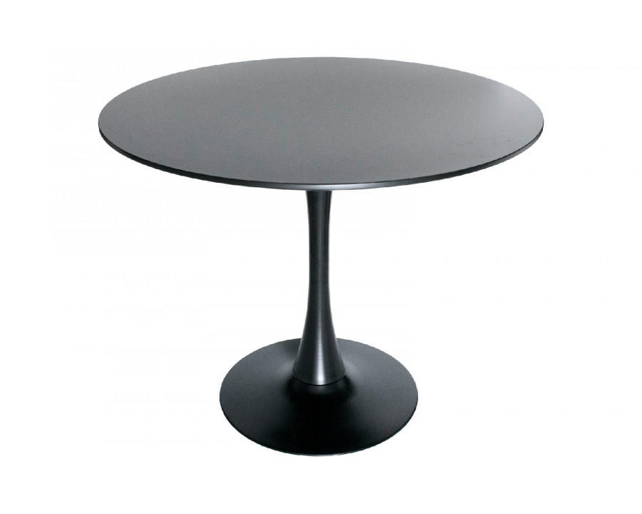 LeisureMod Bristol Mid-Century Modern Round Dining Table With Wood Top And Iron Pedestal Base With Gloss Finish - Black