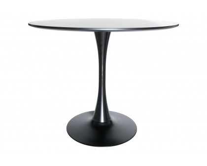 LeisureMod Bristol Mid-Century Modern Round Dining Table With Wood Top And Iron Pedestal Base With Gloss Finish - Black