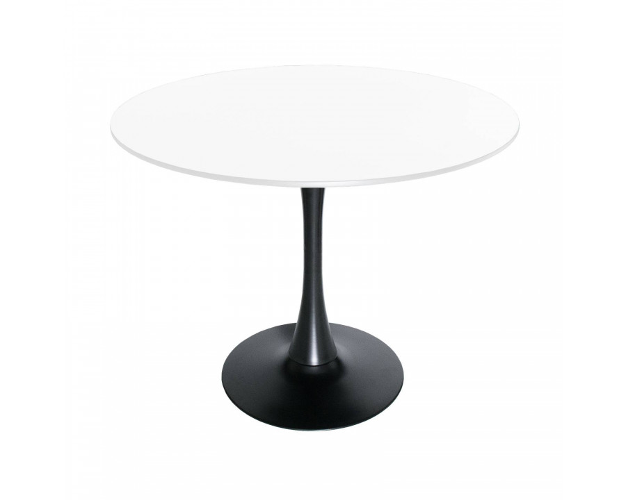 LeisureMod Bristol Mid-Century Modern Round Dining Table With Wood Top And Iron Pedestal Base With Gloss Finish - Black/White