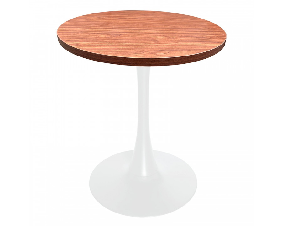 LeisureMod Bristol Modern 27" Round Dining Table with MDF Top and White Iron Pedestal Base - Cognac Brown