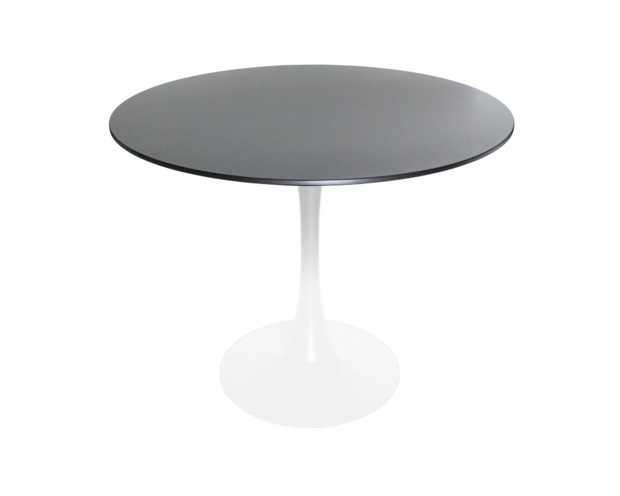 LeisureMod Bristol Mid-Century Modern Round Dining Table With Wood Top And Iron Pedestal Base With Gloss Finish - White/Black