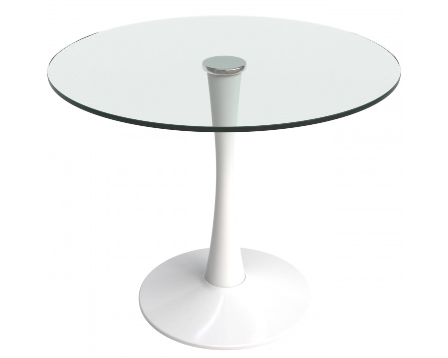 LeisureMod Bristol Modern 36" Round Dining Table with Glass Top and Iron Pedestal Base - White