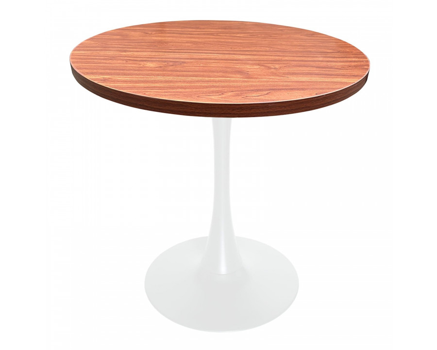 LeisureMod Bristol Modern 36" Round Dining Table with MDF Top and White Iron Pedestal Base - Cognac Brown