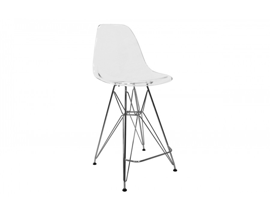 LeisureMod Cresco Modern Acrylic Barstool with Chrome Base and Footrest - Clear