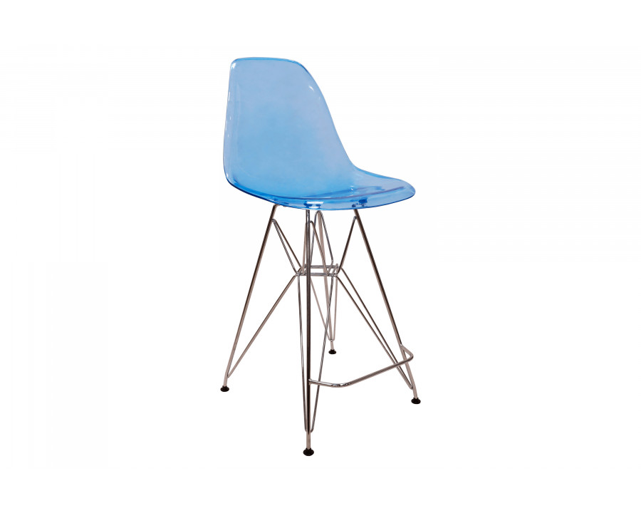 LeisureMod Cresco Modern Acrylic Barstool with Chrome Base and Footrest - Transparent Blue