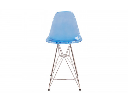 LeisureMod Cresco Modern Acrylic Barstool with Chrome Base and Footrest - Transparent Blue