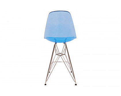 LeisureMod Cresco Modern Acrylic Barstool with Chrome Base and Footrest - Transparent Blue