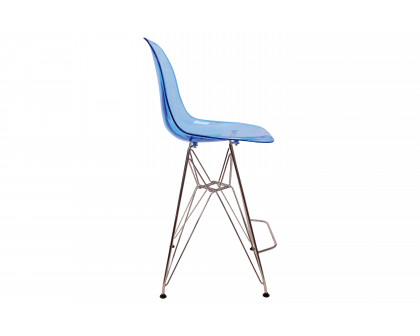 LeisureMod Cresco Modern Acrylic Barstool with Chrome Base and Footrest - Transparent Blue