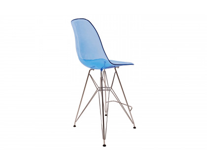 LeisureMod Cresco Modern Acrylic Barstool with Chrome Base and Footrest - Transparent Blue