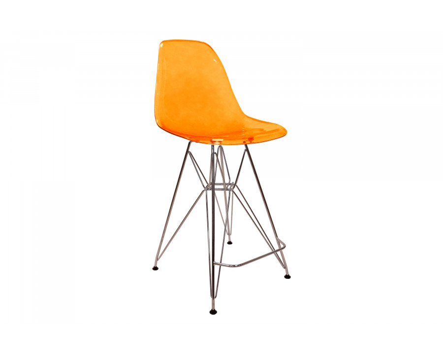 LeisureMod Cresco Modern Acrylic Barstool with Chrome Base and Footrest - Transparent Orange