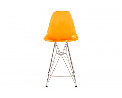 LeisureMod Cresco Modern Acrylic Barstool with Chrome Base and Footrest - Transparent Orange