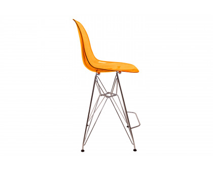 LeisureMod Cresco Modern Acrylic Barstool with Chrome Base and Footrest - Transparent Orange